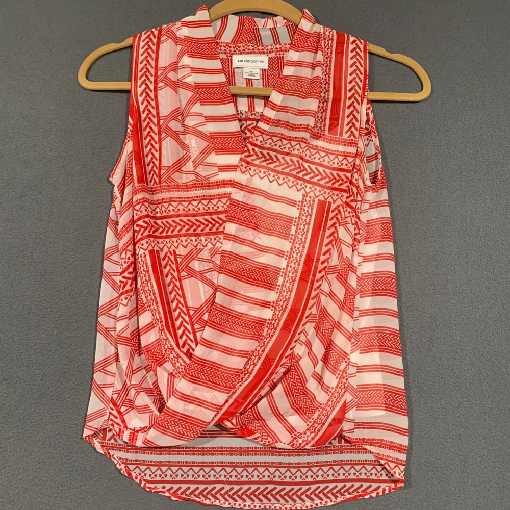 Liz Claiborne Drape Front Blouse Womens Medium Red‎ Geometric Sleeveless W/ Tank